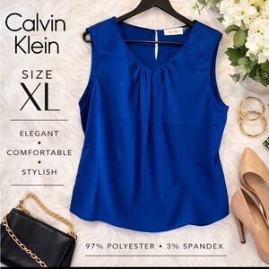 Calvin Klein Royal Blue Sleeveless Blouse Size XL Pleated Neck Career Top